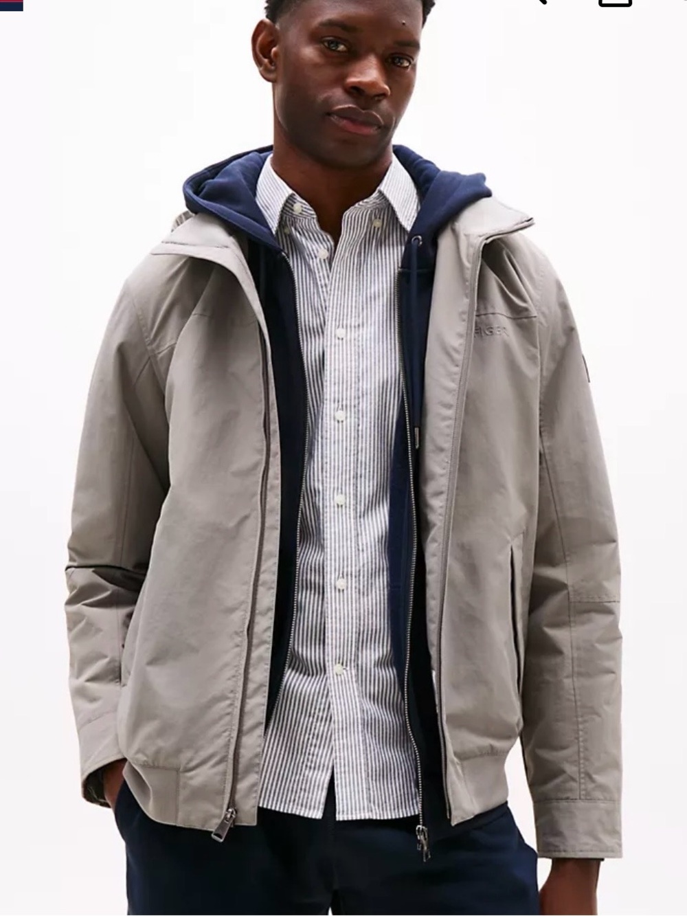 Tommy Hilfiger Men's Light Gray Lightweight Hooded Shirt Jacket with Navy Liner